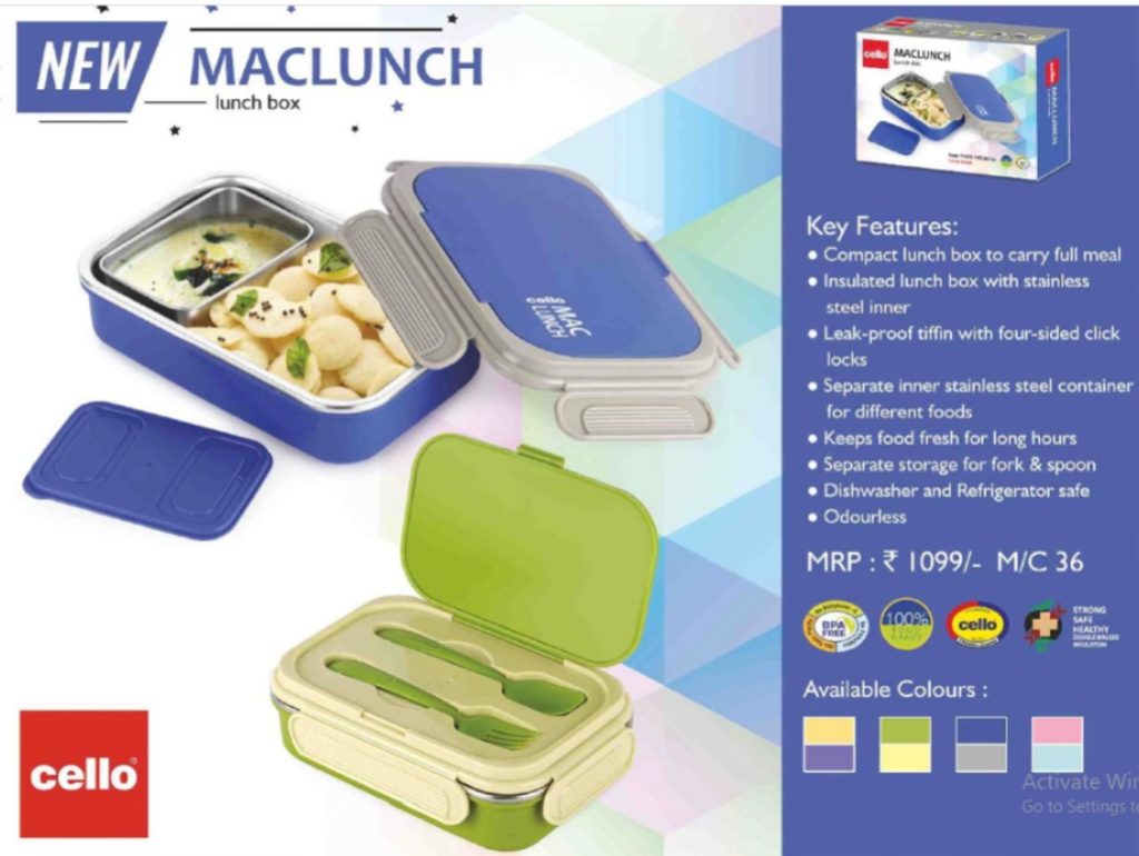 Cello Maclunch Insulated Lunch Box with 2 Containers Stainless Steel Inner
