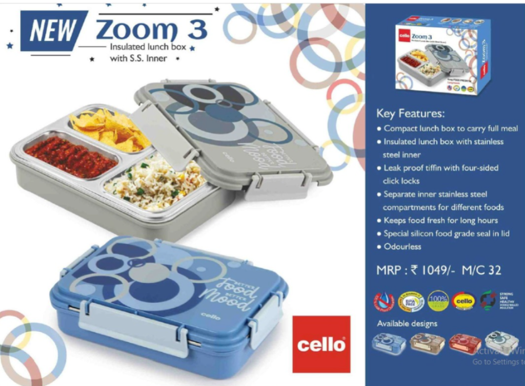 Cello Zoom-3 Insulated Lunch Box with 3 Containers Stainless Steel Inner