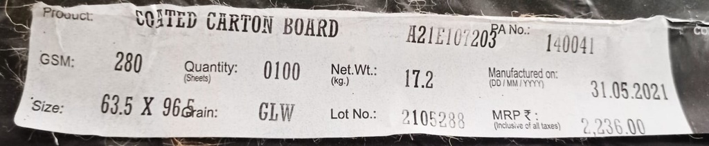JK Tuffcoat 25x38 - ( 63.5x91.5 ) 280 Gsm 17.2 Kg 100 Sheet Price & Package