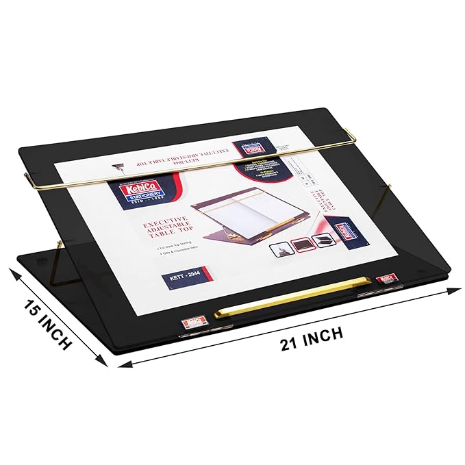 Kebica Tabletop Writing Desk Elevator Stand With Golden Metal Base With Adjustable Height PS Sheet 15x21 Inch 8mm Brass