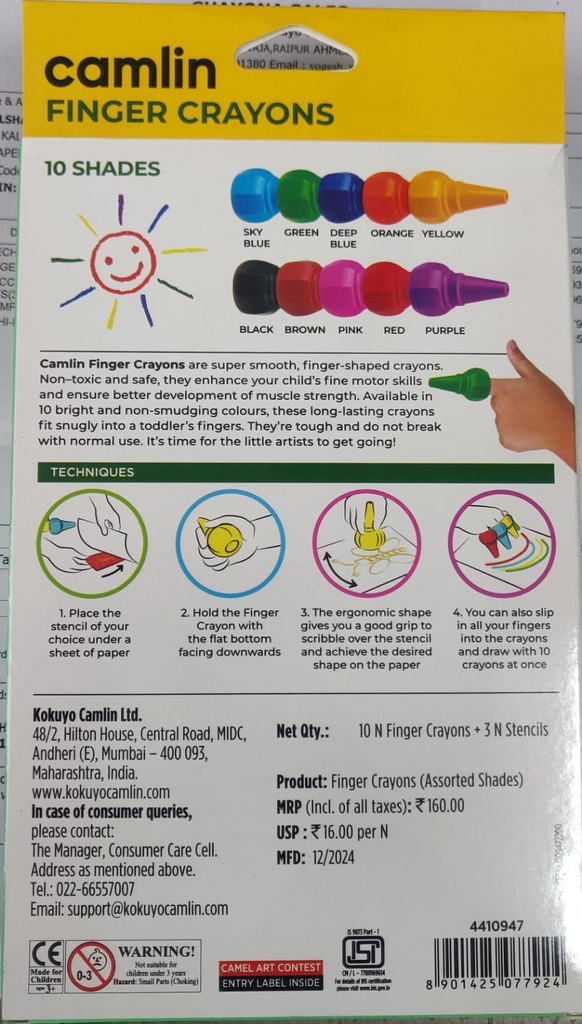 Camlin Finger Crayons 10 Shades With 3 Stencils, Multi Coloured