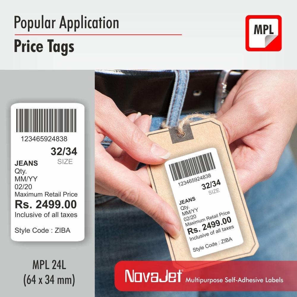 NovaJet (Technova) MPL 24, A4 Size 64x34 mm, Multipurpose Label Sticker, White Colour, Pack of 100 Sheets