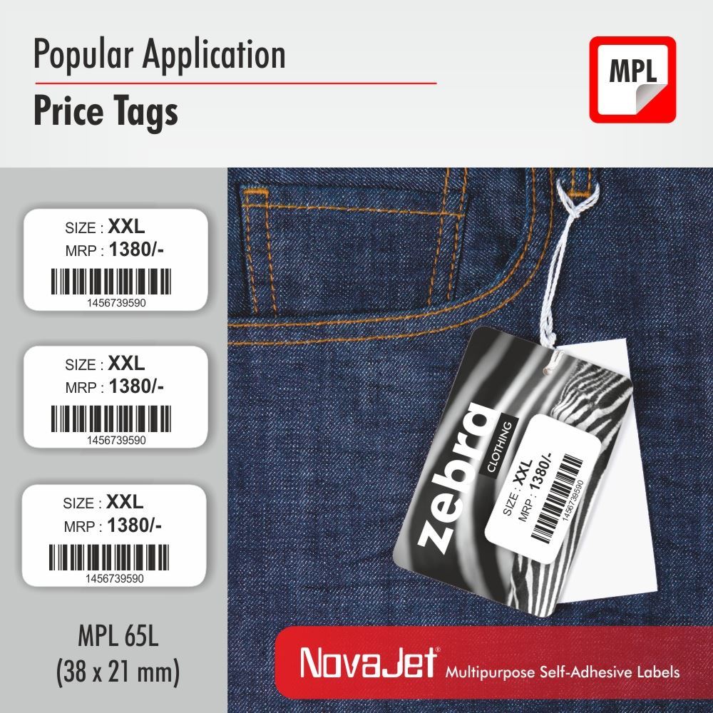 NovaJet (Technova) MPL 65, A4 Size 37.5x21 mm, Multipurpose Label Sticker, White Colour, Pack of 100 Sheets