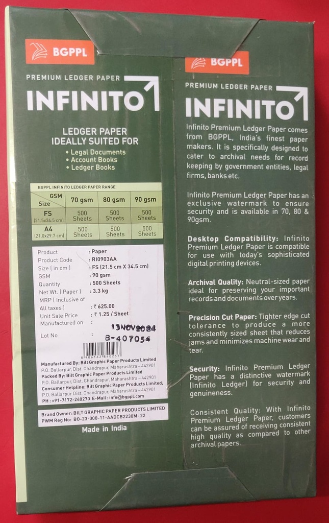 BGPPL Infinito Ledger Copier Paper, FS Legal Size, 90 Gsm, (500 Sheet,1 Ream) Light Green Colour