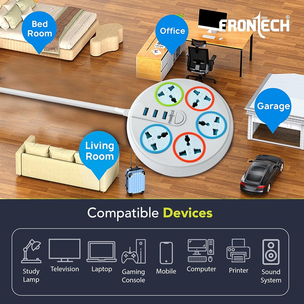 Frontech Power Connector with 3 USB Ports & 5 Universal Sockets