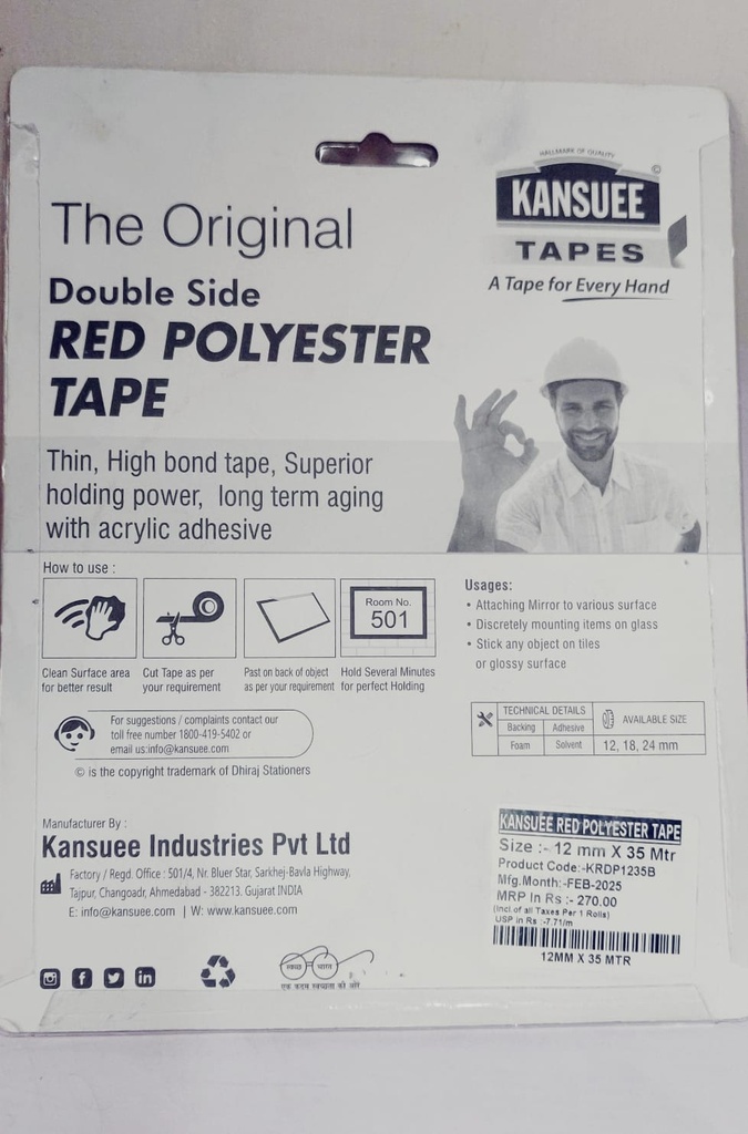 Kansuee Double Side Red Polyester Tape, Size 1 Inch 24mm x 35 Meter (Pack of 1)