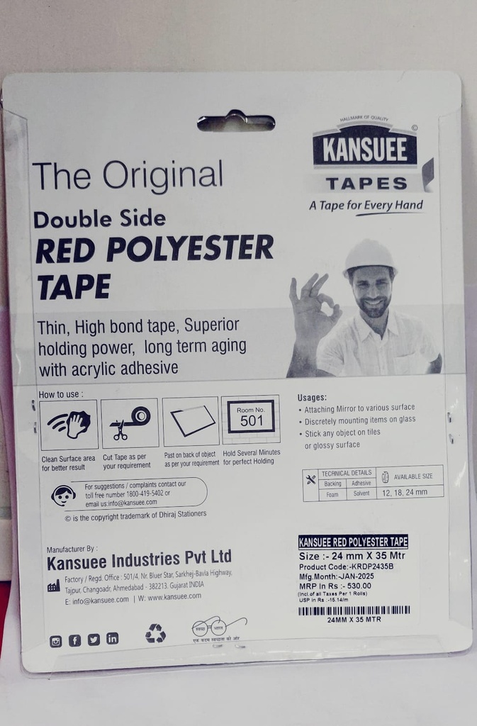 Kansuee Double Side Red Polyester Tape, Size 1 Inch 24mm x 35 Meter (Pack of 1)