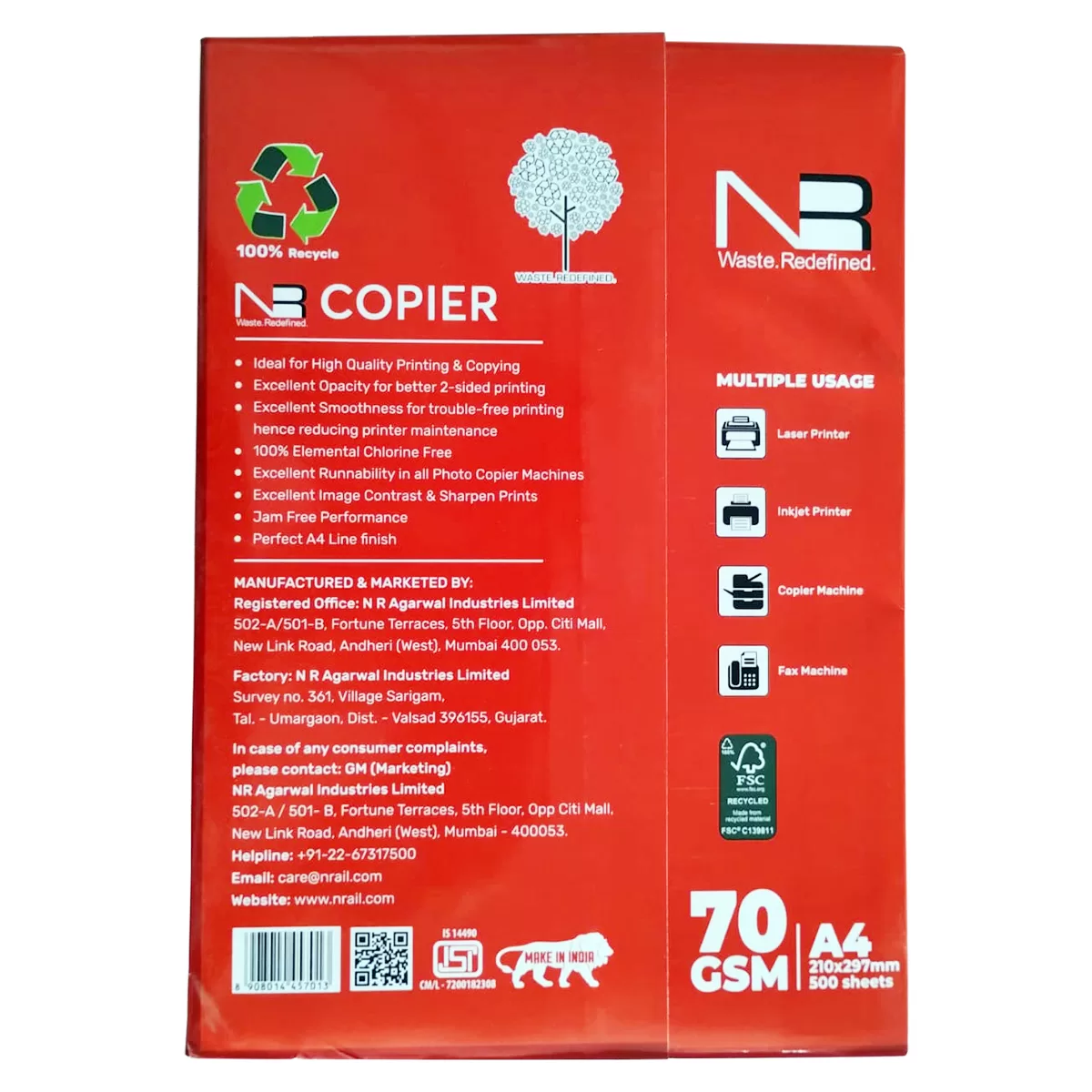 N R Copier Paper A/4 70 Gsm (500 Sheet,1 Ream) White Colour