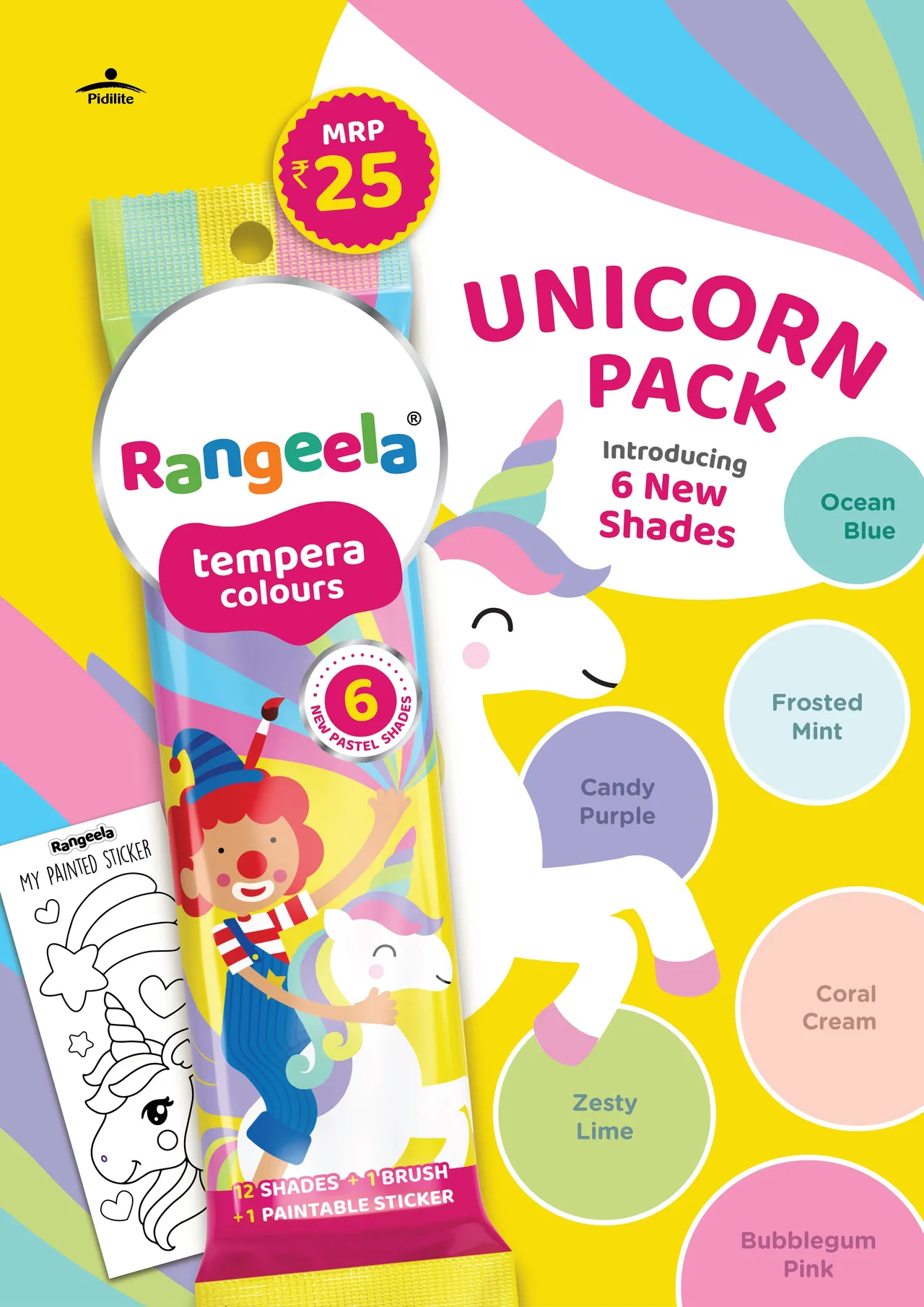 Pidilite Rangeela Tempera Pastel Water Colours Unicorn 12 Shades+1 Brush