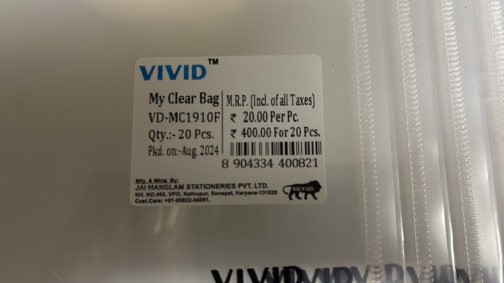 Vivid My Clear Bag Full Size A4 Transparent Plastic File Folder (Pack Of 20)