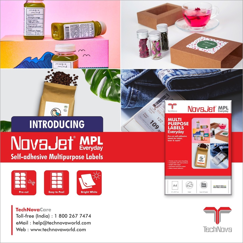 NovaJet (Technova) MPL 16, A4 Size 99x34 mm, Multipurpose Label Sticker, White Colour, Pack of 100 Sheets