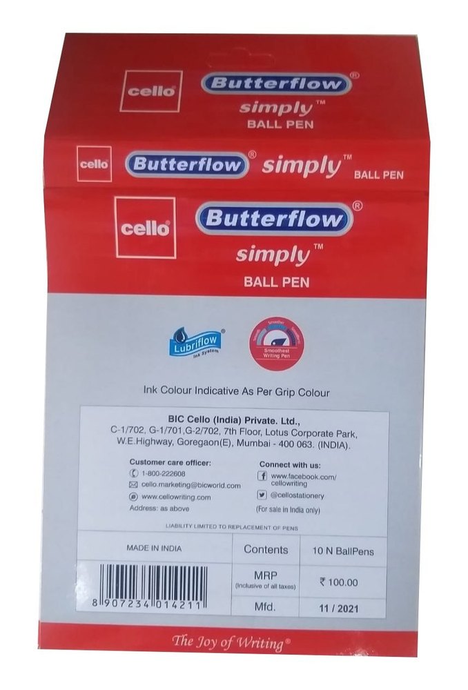 Cello Butterflow Simply Ball Pen Blue Colour 0.7mm-Pack Of 10