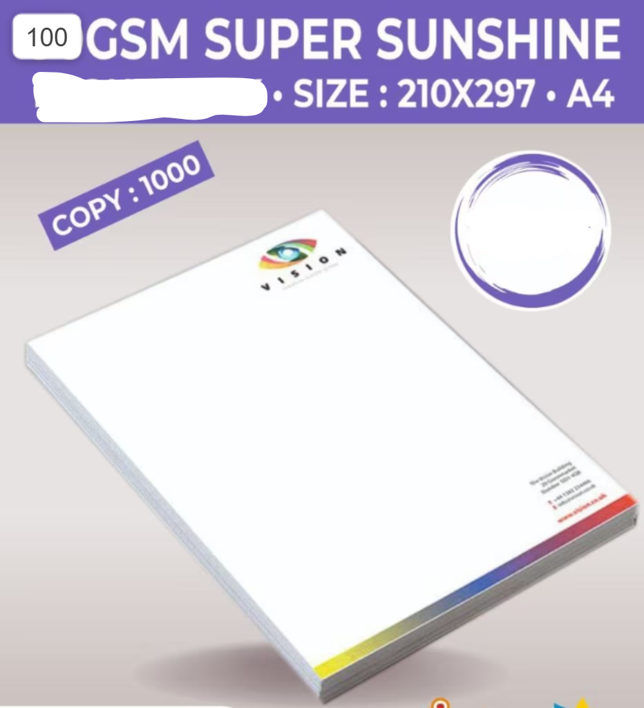 Sunshine 100 Gsm Single Side A4 Letterhead 1000 Pcs