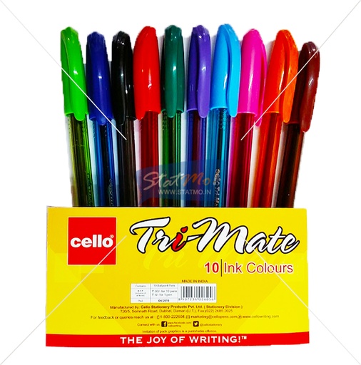 [P5824] Cello Tri-mate Ball Pen 1mm Assorted 10 Shades-Pack Of 10
